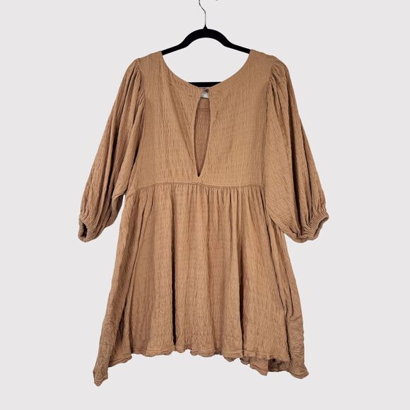 Free People Beach Dress Brown Get Obsessed Babydoll Mini Puff Sleeve A Line XS - Picture 3 of 11